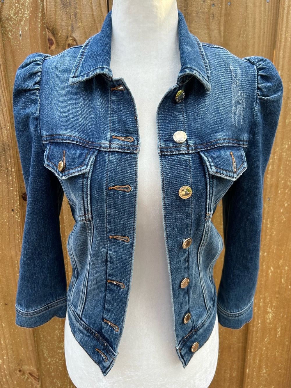 Retrofete Denim Jacket Puff Shoulder Distressed in Blue XS